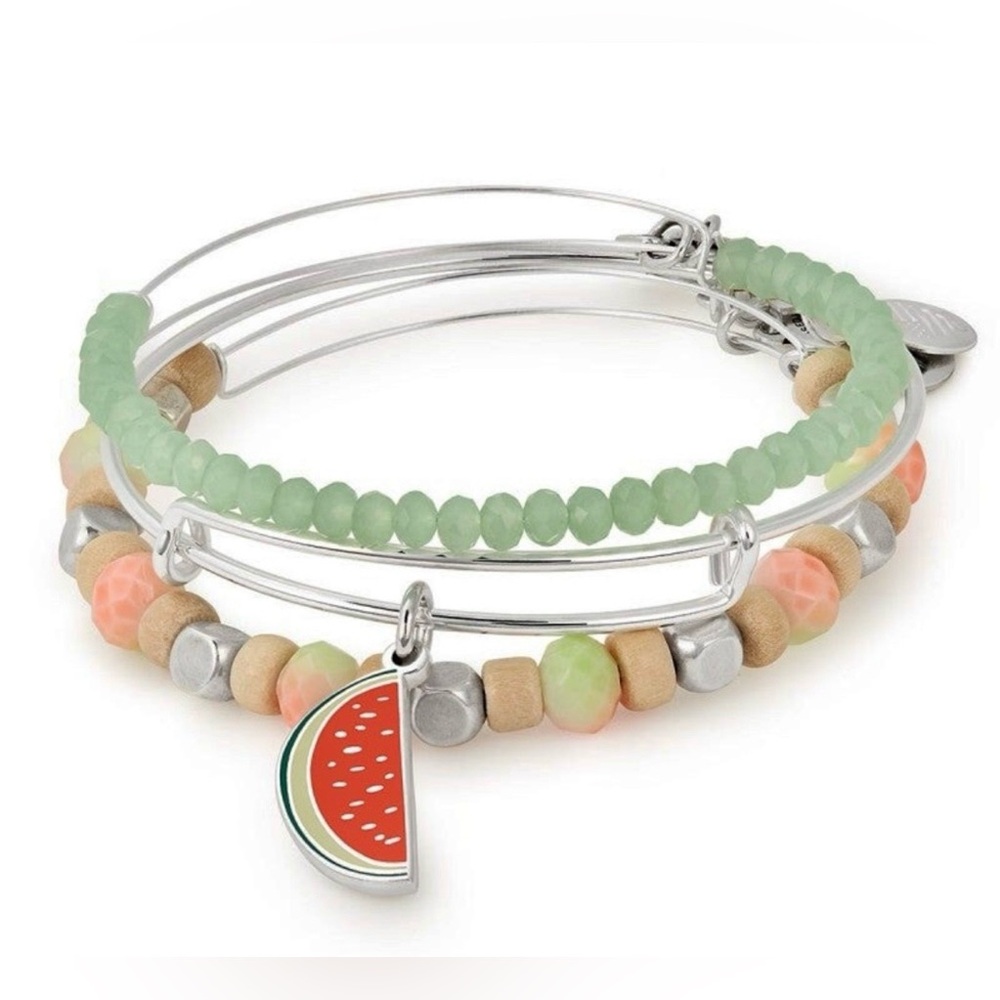 NWT Alex and Ani 🍉”One in a Melon” Watermelon Charm Bangle Set of 3 Silver Tone